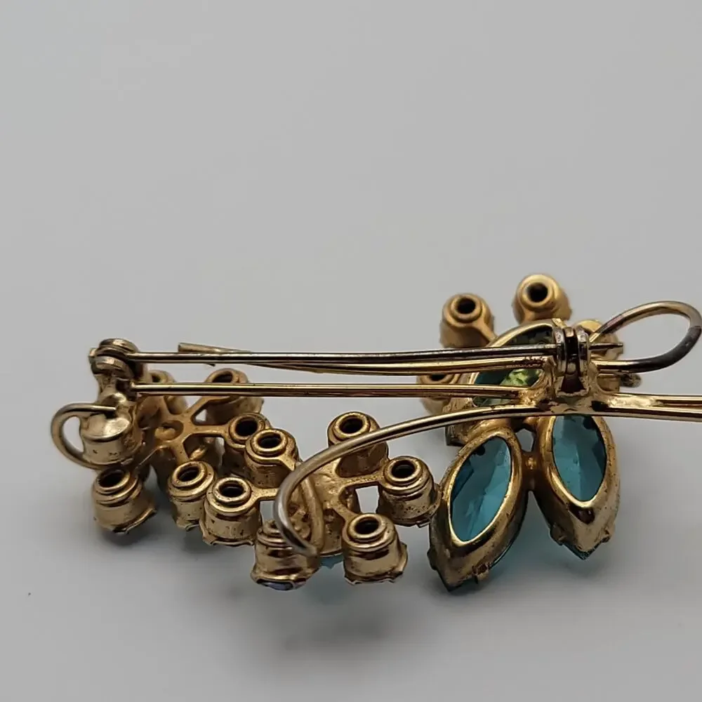 Vintage Gold-tone Blue, Turquoise-colored & Aurora Borealis Floral Brooch